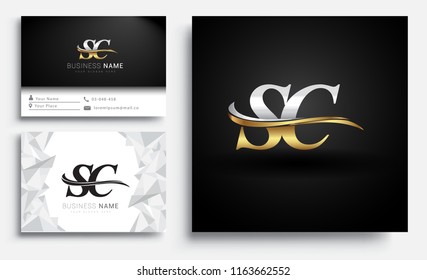 initial letter SC logotype company name colored gold and silver swoosh design. Vector sets for business identity on white background.