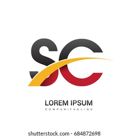 initial letter SC logotype company name colored red, black and yellow swoosh design. isolated on white background.
