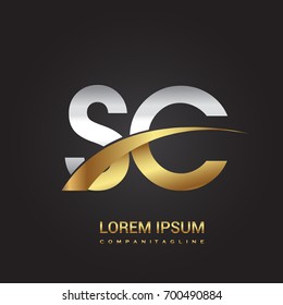 initial letter SC logotype company name colored gold and silver swoosh design. isolated on black background.