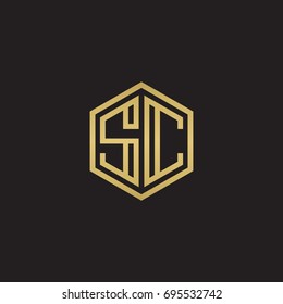 Initial letter SC, minimalist line art hexagon logo, gold color on black background
