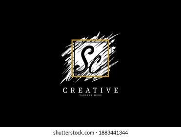 Letra inicial Diseño de logotipo de intervalo de salpicaduras SC, pincel de textura con rejilla cuadrada.