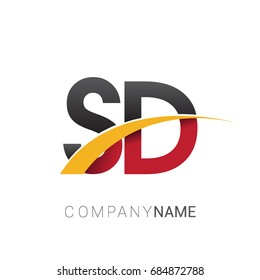 initial letter SD logotype company name colored red, black and yellow swoosh design. isolated on white background.
