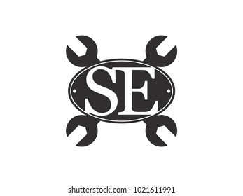 Initial letter SE logo automotive club with crossed wrench black