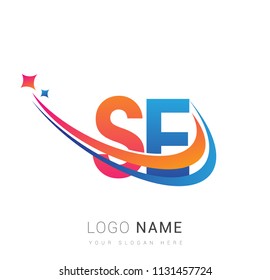 initial letter SE logotype company name colored orange, red and blue swoosh star design. vector logo for business and company identity.
