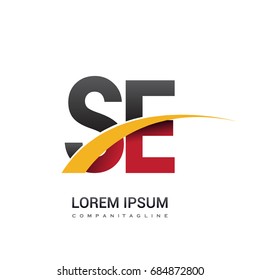 initial letter SE logotype company name colored red, black and yellow swoosh design. isolated on white background.
