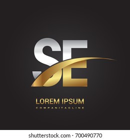 initial letter SE logotype company name colored gold and silver swoosh design. isolated on black background.