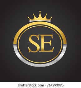 initial letter SE logotype company name with oval shape and crown, gold and silver color. vector logo for business and company identity.