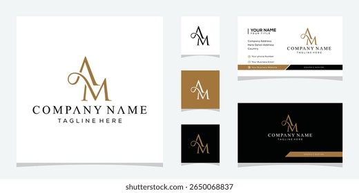Initial letter AM serif font logo design, golden icon vector concept, template business card