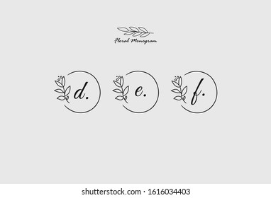 Initial Letter set D, E, F Monogram with Floral Sign Symbol Design Template. Vector Illustration