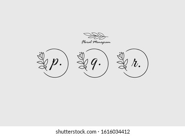 Initial Letter set P, Q, R Monogram with Floral Sign Symbol Design Template. Vector Illustration
