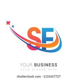 initial letter SF logotype company name colored orange, red and blue swoosh star design. vector logo for business and company identity.