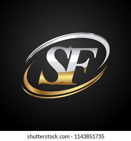 initial letter SF logotype company name colored gold and silver swoosh design. isolated on black background.