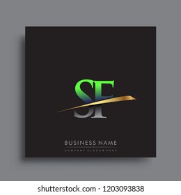 initial letter SF logotype company name colored green and gold swoosh design. vector logo for business and company