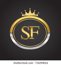 initial letter SF logotype company name with oval shape and crown, gold and silver color. vector logo for business and company identity.