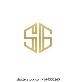 Initial letter SG, minimalist line art hexagon shape logo, gold color
