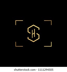 Initial letter SH HS minimalist art monogram shape logo, gold color on black background