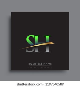initial letter SH logotype company name colored green and gold swoosh design. vector logo for business and company