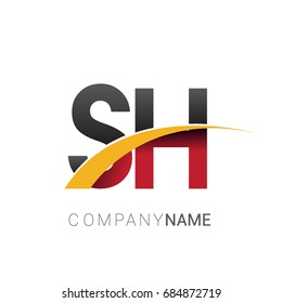 initial letter SH logotype company name colored red, black and yellow swoosh design. isolated on white background.
