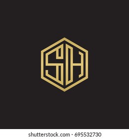 Initial letter SH, minimalist line art hexagon logo, gold color on black background