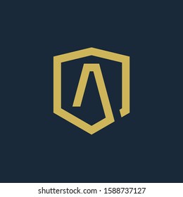 initial Letter A with Shield element. Shield Line geometry  for Security logo. Logo Icon Template for Web and Business Card, Letter Logo Template on Black Background. - vector