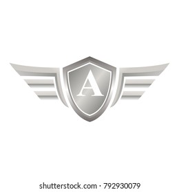 initial letter A shield logo with wings vector illustration
