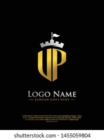 initial UP letter with shield style logo template vector