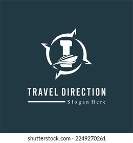 Initial I Letter with Ship Marine and Compass Icon for Travel Guide Navigation Business Logo Idea Template