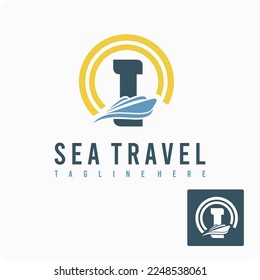 Initial I Letter with Ship Marine, Wave and Sun Icon for Travel Holiday Agency Business Logo Idea Template