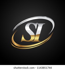 initial letter SI logotype company name colored gold and silver swoosh design. isolated on black background.