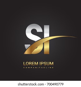 initial letter SI logotype company name colored gold and silver swoosh design. isolated on black background.