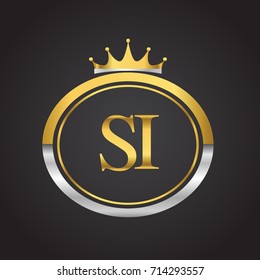 initial letter SI logotype company name with oval shape and crown, gold and silver color. vector logo for business and company identity.