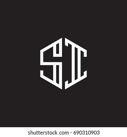 Initial letter SI, minimalist line art monogram hexagon shape logo, white color on black background