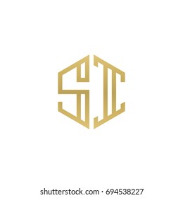 Initial letter SI, minimalist line art hexagon shape logo, gold color