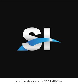 Initial letter SI, overlapping movement swoosh logo, metal silver blue color on black background