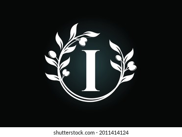 Ursprünglicher Buchstabe I Zeichen Symbol mit Olivenzweig Kranz. Runder Blumenrahmen aus dem Olivenzweig. Logo-Design der Agrarindustrie, Vektorvorlage. Olivenöletikett