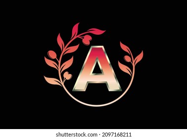 Initial letter A sign symbol with olive branch wreath, Round floral frame made by the olive branch