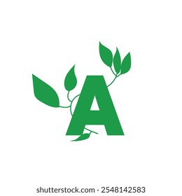  Initial A Letter A simple green company logo design featuring leaves, and growth symbols to represent nature, eco-friendliness, success, and progress