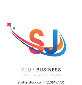 initial letter SJ logotype company name colored orange, red and blue swoosh star design. vector logo for business and company identity.