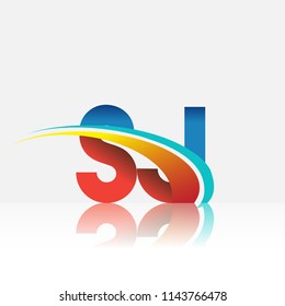 initial letter SJ logotype company name colored red and blue and swoosh design. vector logo for business and company identity.
