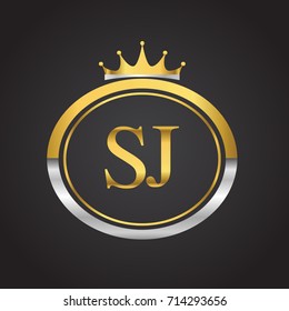 initial letter SJ logotype company name with oval shape and crown, gold and silver color. vector logo for business and company identity.