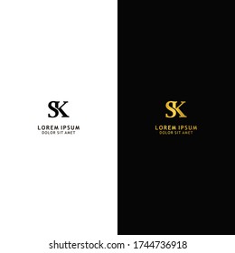 Letra inicial elementos de plantilla de diseño de logotipo en mayúsculas vinculados a SK. Carta dorada aislada en el fondo negro. Letra negra aislada sobre fondo blanco. Adecuado para negocios, empresa de grupo de consultoría.