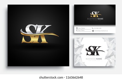 initial letter SK logotype company name colored gold and silver swoosh design. Vector sets for business identity on white background.
