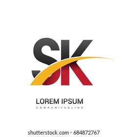 initial letter SK logotype company name colored red, black and yellow swoosh design. isolated on white background.
