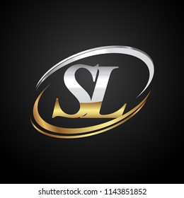 initial letter SL logotype company name colored gold and silver swoosh design. isolated on black background.