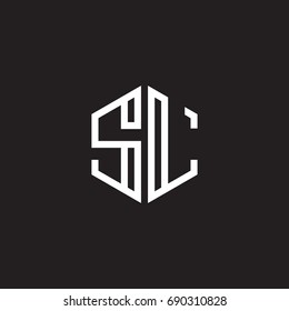 Initial letter SL, minimalist line art monogram hexagon shape logo, white color on black background