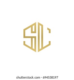 Initial letter SL, minimalist line art hexagon shape logo, gold color