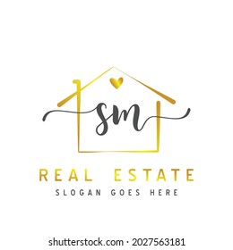 Initial letter SM calligraphy handwritten Real estate logo concept. Handwritten alphabet in the logo template. Letters and Alphabet for your logo design.