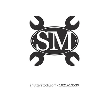 Initial letter SM logo automotive club with crossed wrench black