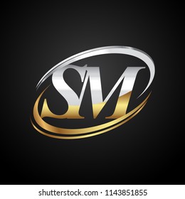 initial letter SM logotype company name colored gold and silver swoosh design. isolated on black background.