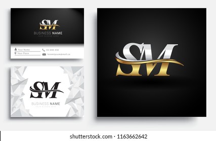initial letter SM logotype company name colored gold and silver swoosh design. Vector sets for business identity on white background.
